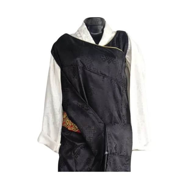 Black Lepcha Gada dress in jacquard with gold piping – front