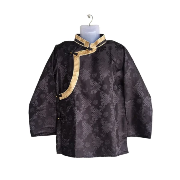 Black jacquard men’s Khenja with gold Tash Kuchin border – front view