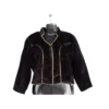 Black velvet mandarin-collar blouse with gold piping