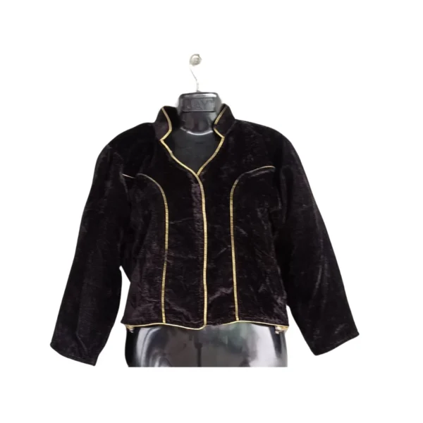 Black velvet mandarin-collar blouse with gold piping