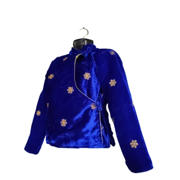 Blue velvet chaubandi cholo – side angle showing wrap tie
