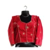 Bridal red velvet blouse with round neck, gold butti – front view