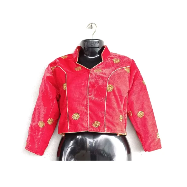 Bright red embroidered velvet blouse with mandarin collar – front