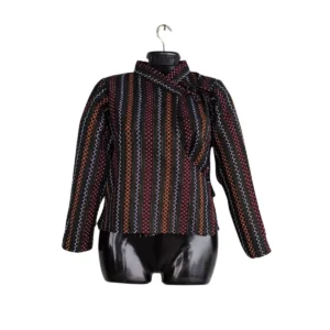 Chaubandi Cholo – stripe pattern, wrap tie and stand collar – front view