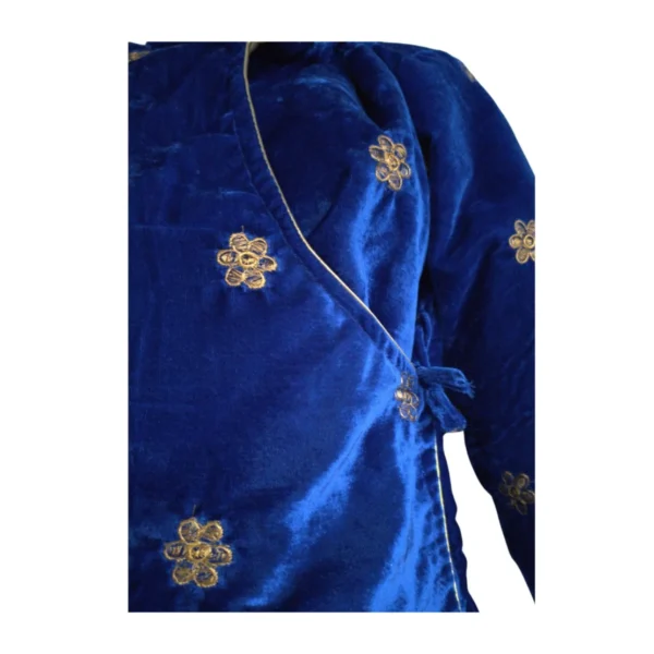 Close-up of royal blue velvet chaubandi cholo with gold butti and piping