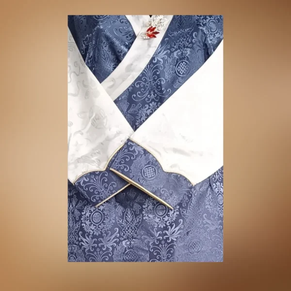 Close-up of steel blue with white wonju sleeves with scalloped cuff