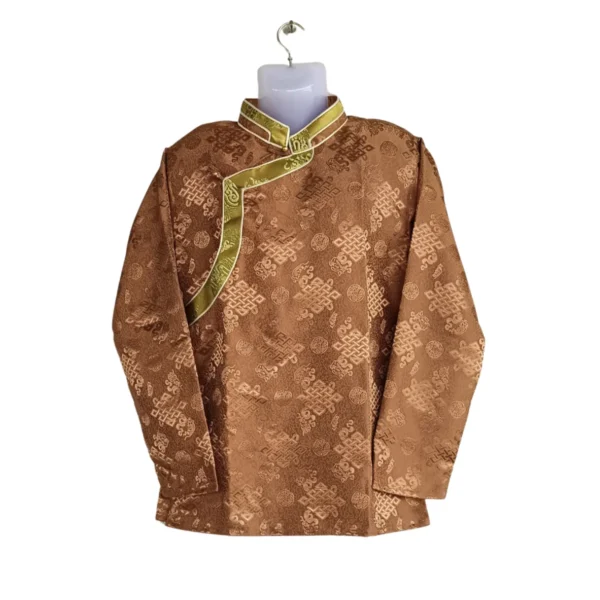 Coffee brown jacquard Khenja with olive border – front view
