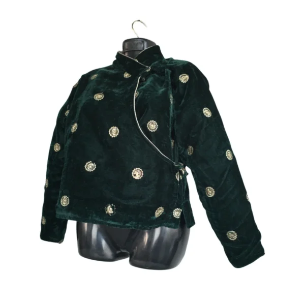 Dark green velvet chaubandi cholo with round gold butti