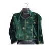Emerald green velvet women’s blouse with gold butti and piping – front view