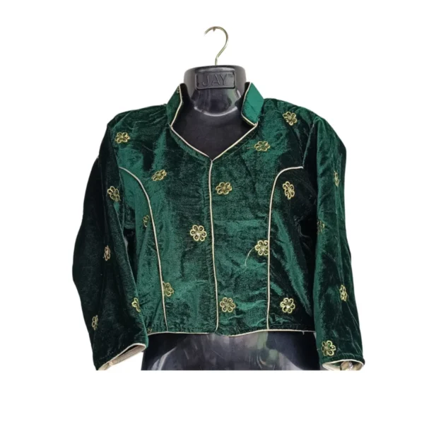 Emerald green velvet women’s blouse with gold butti and piping – front view