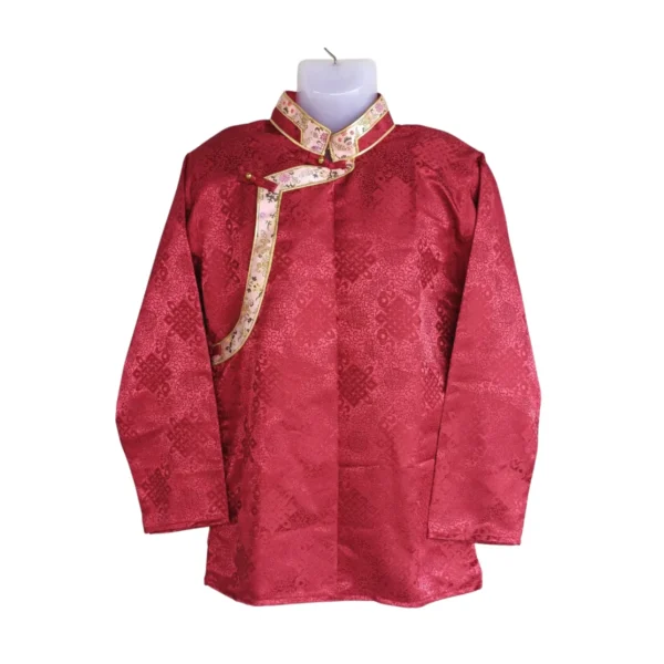 Festival red jacquard Khenja with cream floral border – front