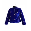 Front view of blue velvet chaubandi cholo with mandarin collar and motifs