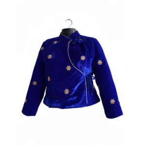 Front view of blue velvet chaubandi cholo with mandarin collar and motifs