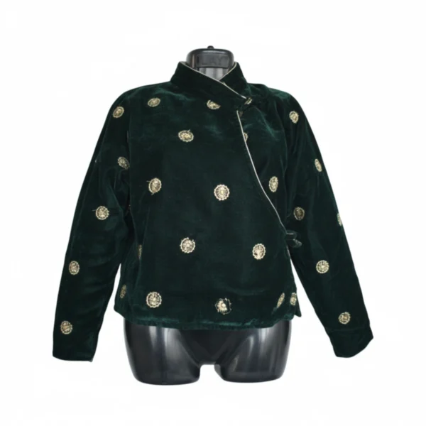 Front view of green velvet chaubandi cholo with scattered gold motifs