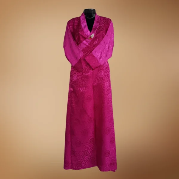 Fuchsia bakhu with woven medallions and wrap collar – full length