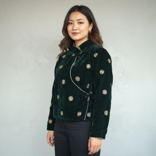 Girl in green velvet chaubandi cholo with scattered gold motifs