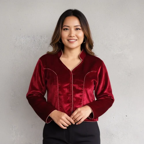 Girl wearing Maroon velvet mandarin-collar blouse