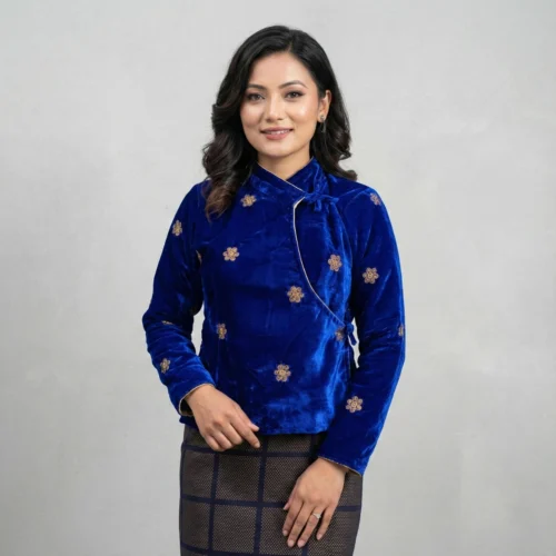 Girl wearing royal blue velvet chaubandi cholo with motifs