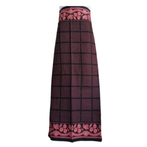 Gurung Pharia:Lungi in maroon checks with floral border on top and bottom – front view