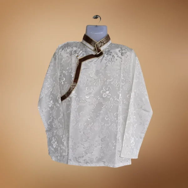 Ivory Khenja with brown patterned Tash Kuchin border – front view