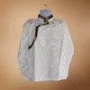 Ivory Khenja with chocolate-brown woven border and gold piping – front