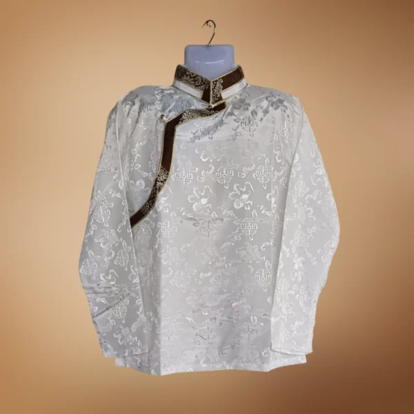Ivory Khenja with chocolate-brown woven border and gold piping – front