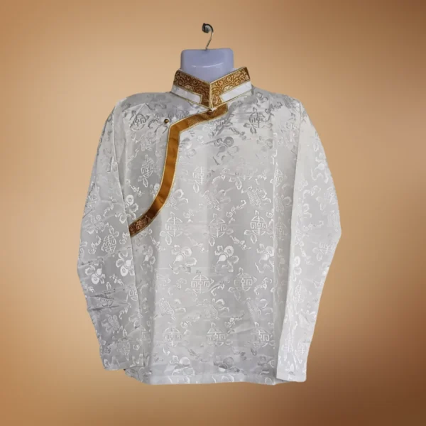 Ivory Khenja with mustard-gold border and mandarin collar