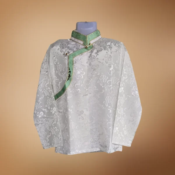 Ivory Khenja with pastel green Tash Kuchin trim and knot button