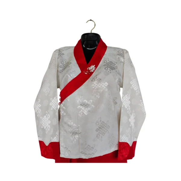 Ivory bakhu top with red border, brooch pin and jacquard weave