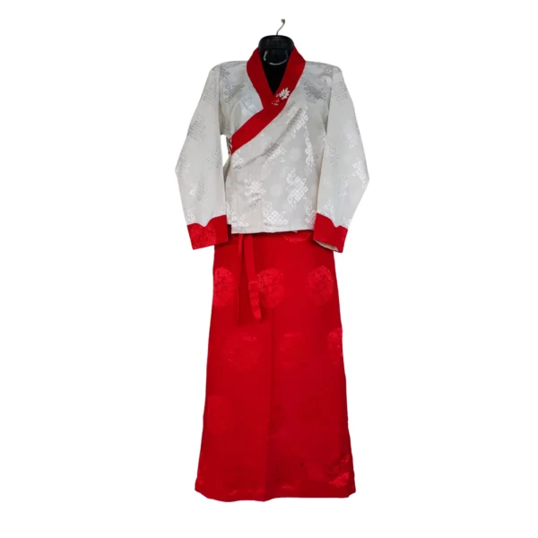 Ivory-red bakhu set – wrap jacket with red cuffs and matching long skirt