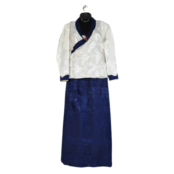 Ivory wrap jacket with navy border and matching navy skirt – full bakhu set