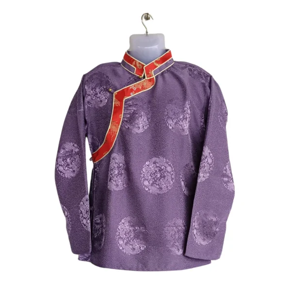 Lavender jacquard Khenja with red border – front view