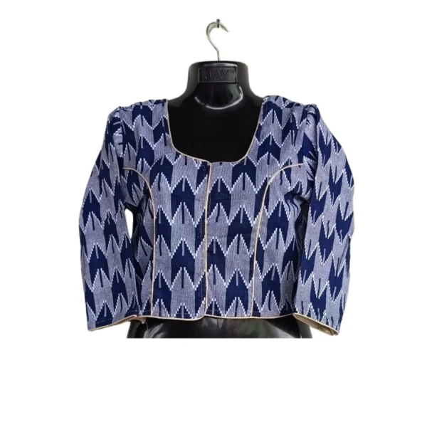 Limbu blouse in navy and grey triangle weave with piping, front view
