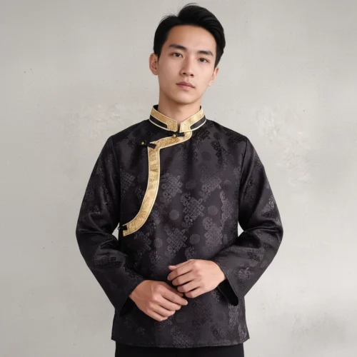 Man wearing Black jacquard Khenja with gold Tash Kuchin border
