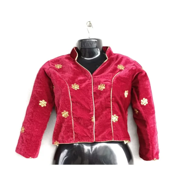 Maroon embroidered velvet blouse with gold piping