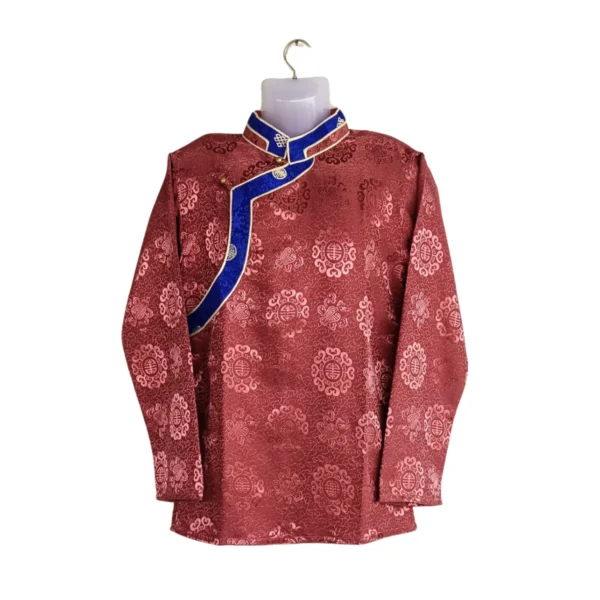 Maroon jacquard Khenja with royal-blue border and gold piping