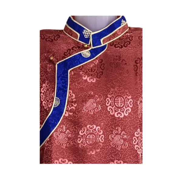 Maroon jacquard Khenja with royal-blue border close up detail view