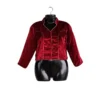 Maroon velvet mandarin-collar blouse with gold piping