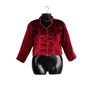 Maroon velvet mandarin-collar blouse with gold piping