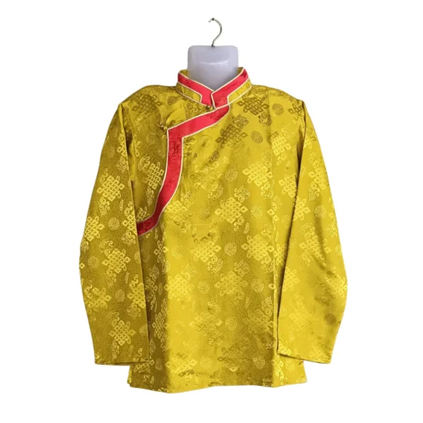Mustard yellow jacquard Khenja with red border and collar detail