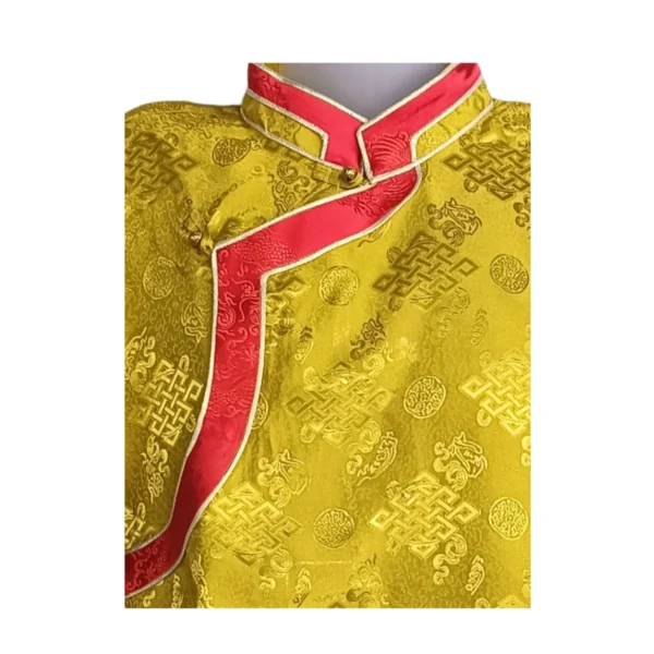 Mustard yellow jacquard Khenja with red border close view