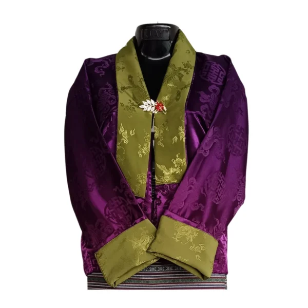 Plum purple Tego with olive collar & cuffs