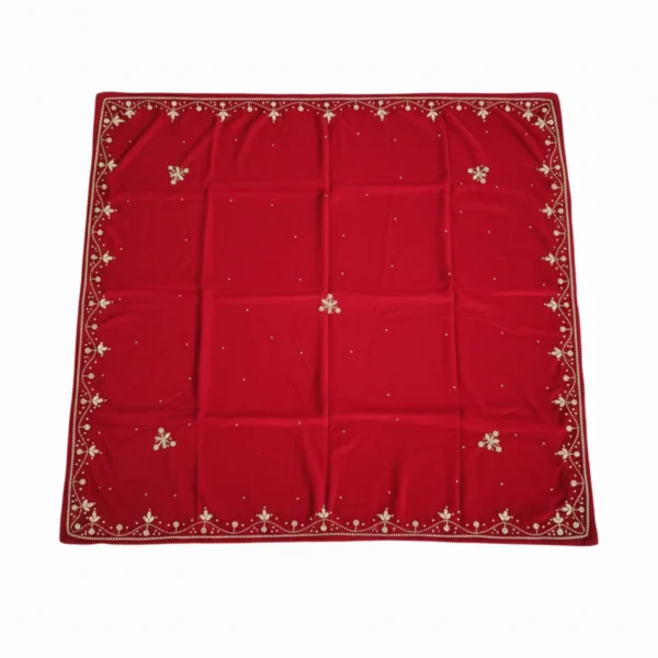 Red velvet ghalek shawl with stone dotted border laid flat