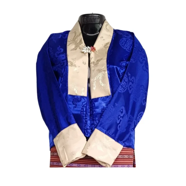 Royal blue jacquard Tego with beige collar and cuffs – front