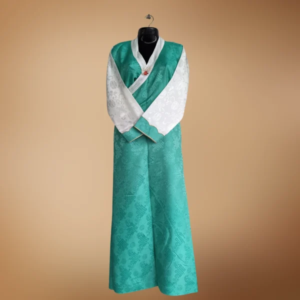 Sea-green jacquard one-piece bakhu with attached white wonju – front view