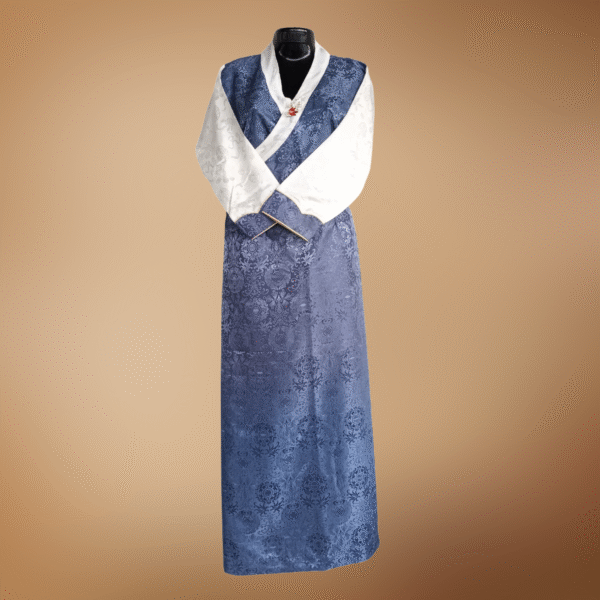 Steel blue jacquard one-piece bakhu with white attached wonju – full view