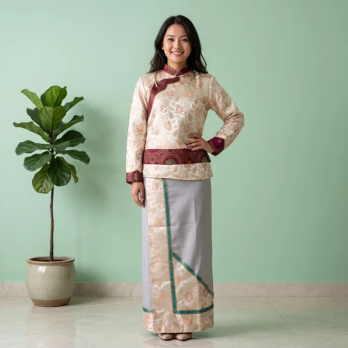 Tamang girl wearing Ivory brocade Khenja with grey wrapper set