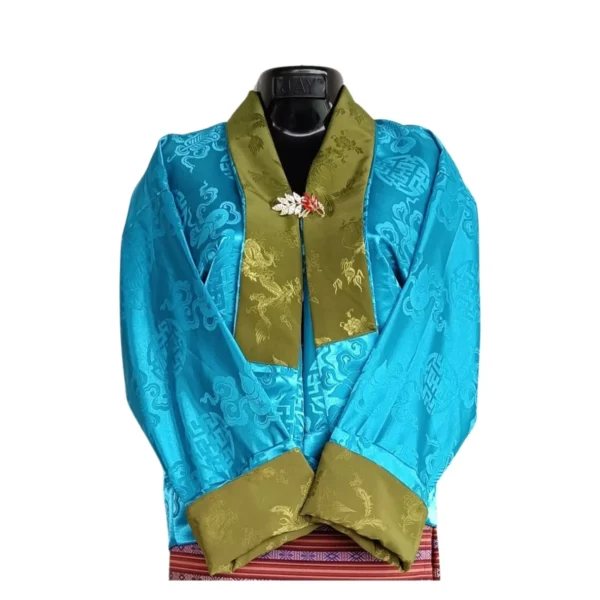 Turquoise Tego with olive collar:cuffs – front