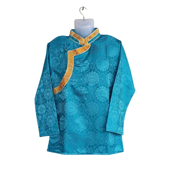 Turquoise jacquard Khenja with gold border and mandarin collar