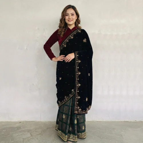 Woman in Black velvet ghalek shawl